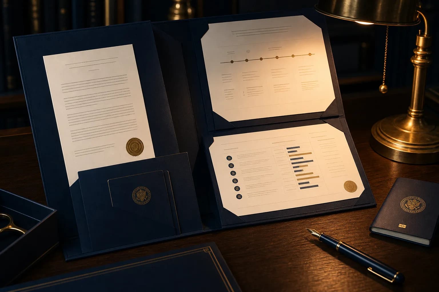 A case being engineered: navy folder with assessment charts and gold seals